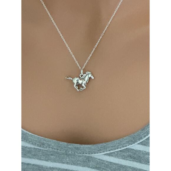 Sterling Silver Oxidized Galloping Horse Necklace, Horse Charm Necklace - Picture 3 of 4